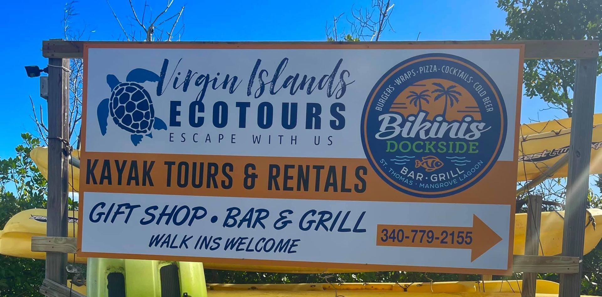 A sign for virgin islands ecotours kayak tours and rentals