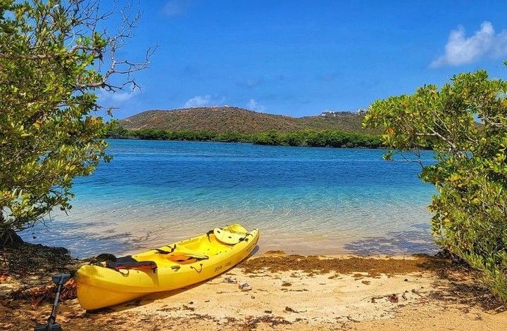 A yellow kayak is sitting on the beach next to a body of water.