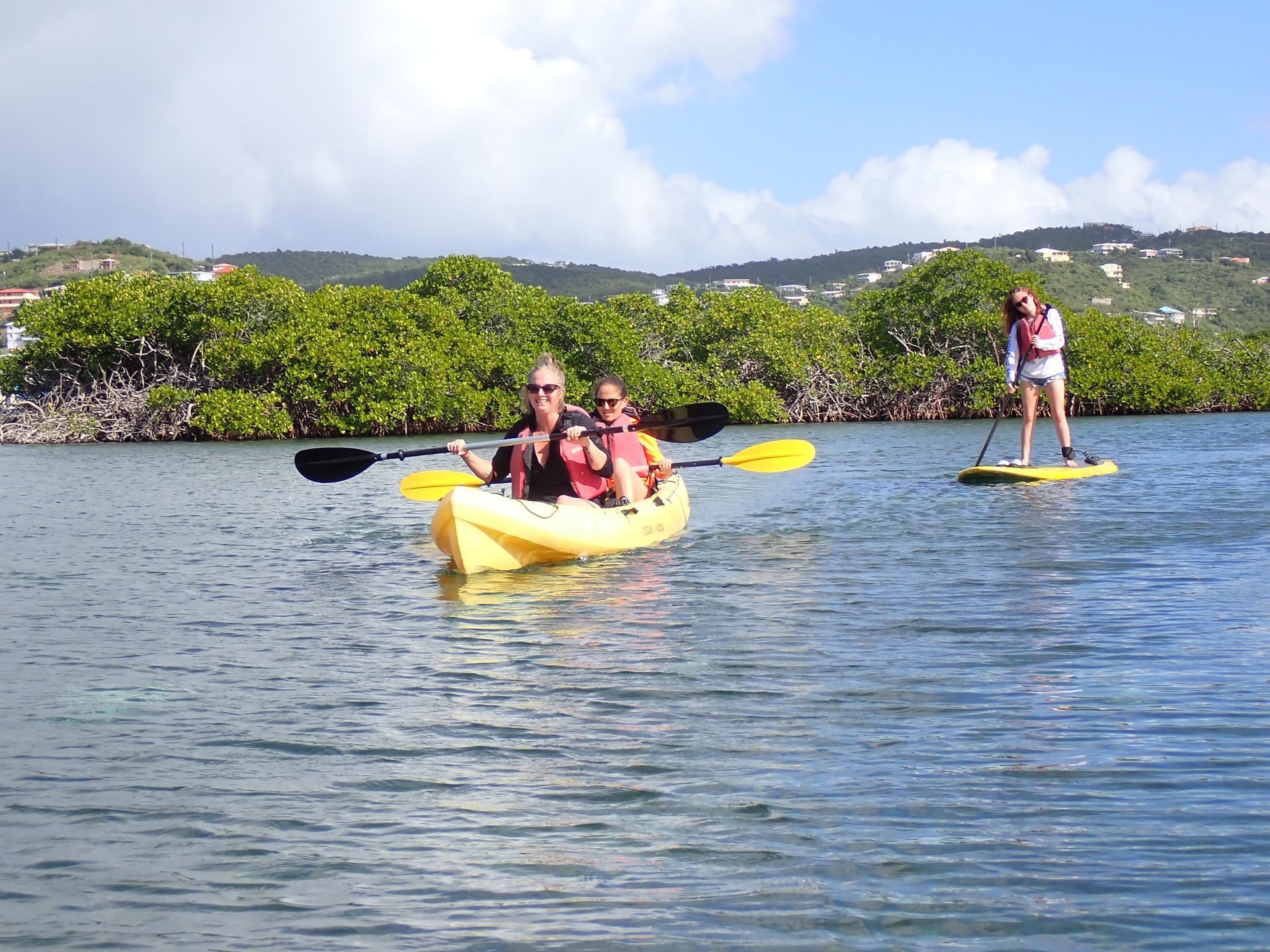 A group of people are paddling kayaks on a lake