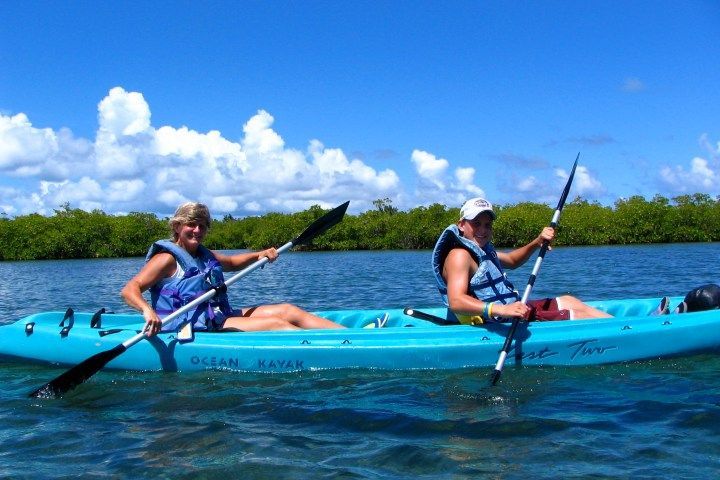 Two people are in a blue kayak in the water