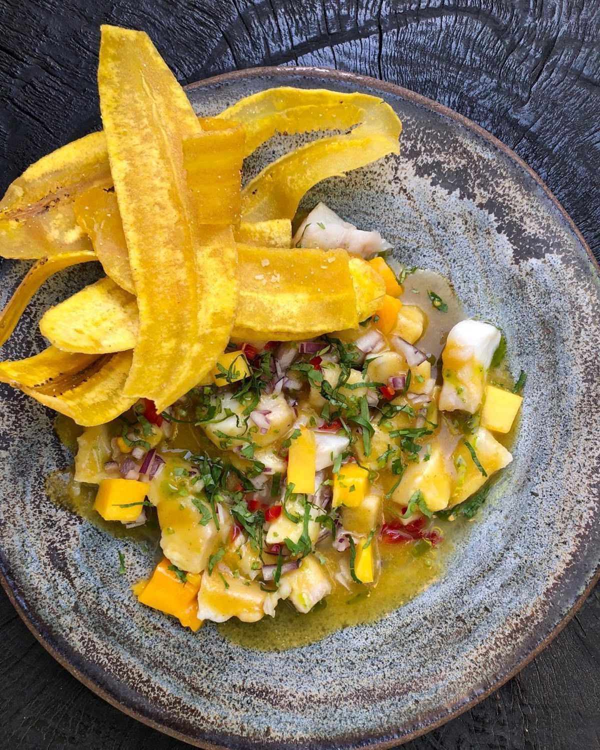 A plate of food with banana chips on top of it.