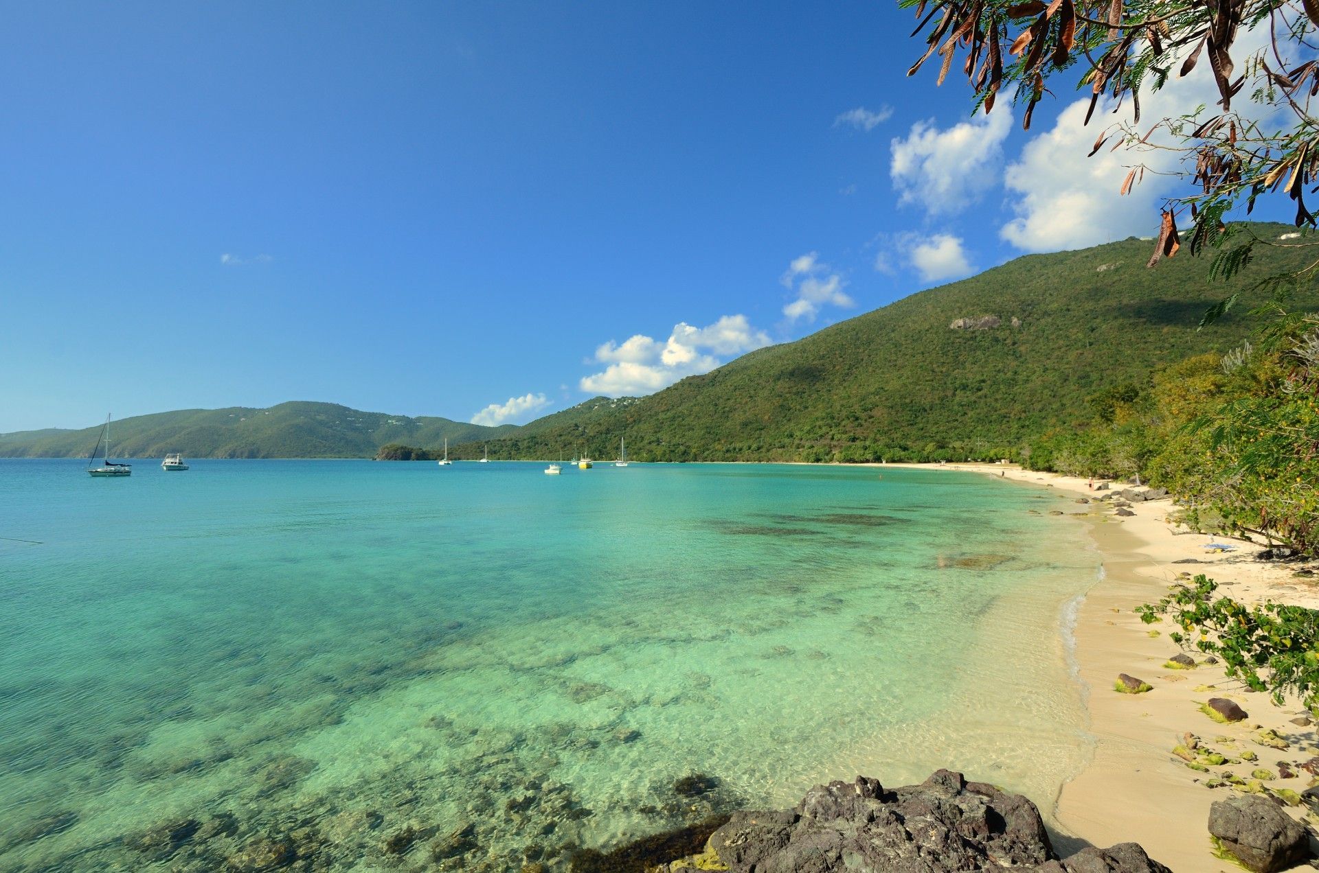 Turquoise tropical bay with sandy beach, green hillside, and clear blue sky