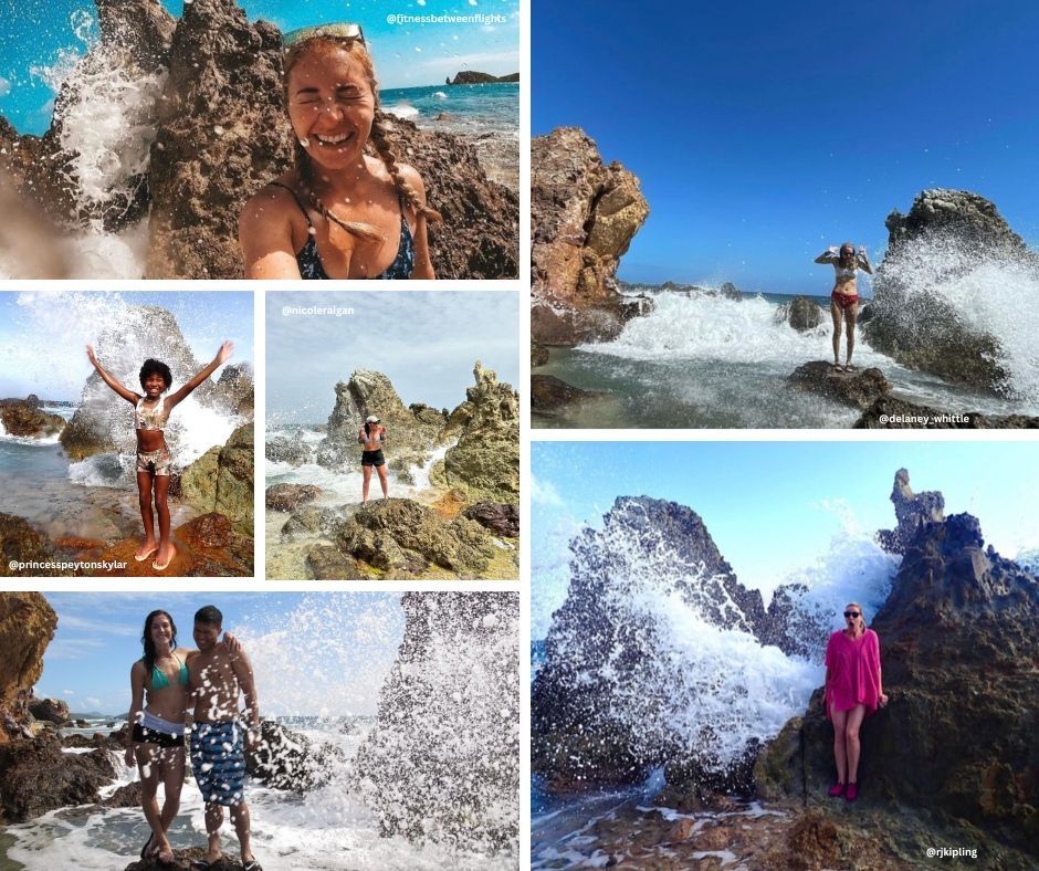 A collage of photos of people standing on rocks near the ocean