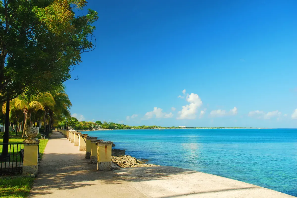 A walkway leading to the ocean on a sunny day.