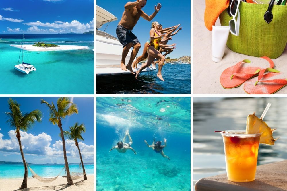 A collage of pictures of people on the beach and a drink