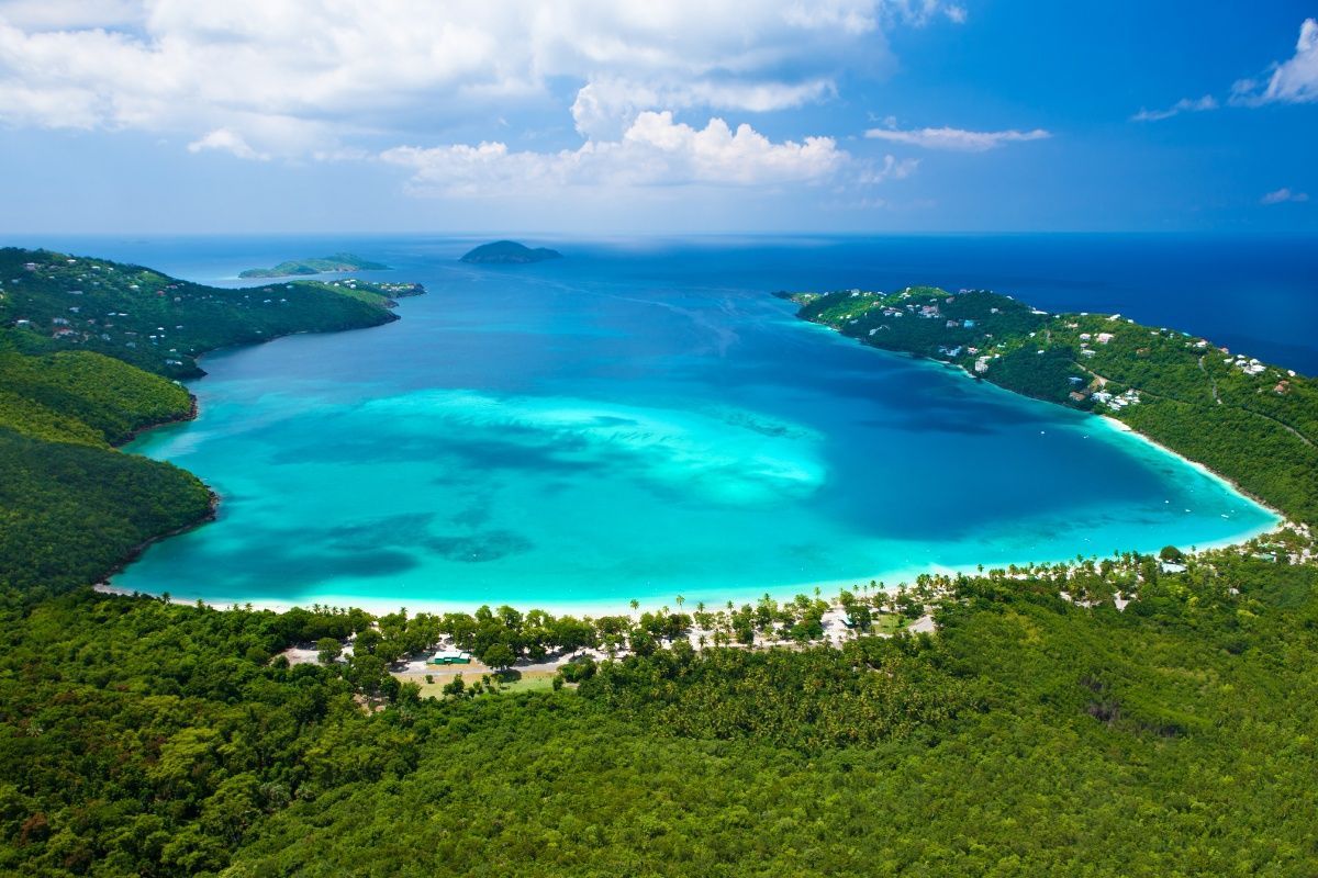 An aerial view of a large body of water surrounded by trees.