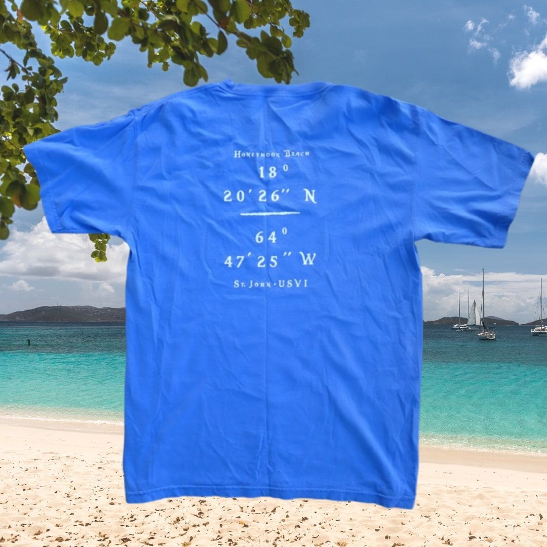 A blue t-shirt with latitude and longitude written on it