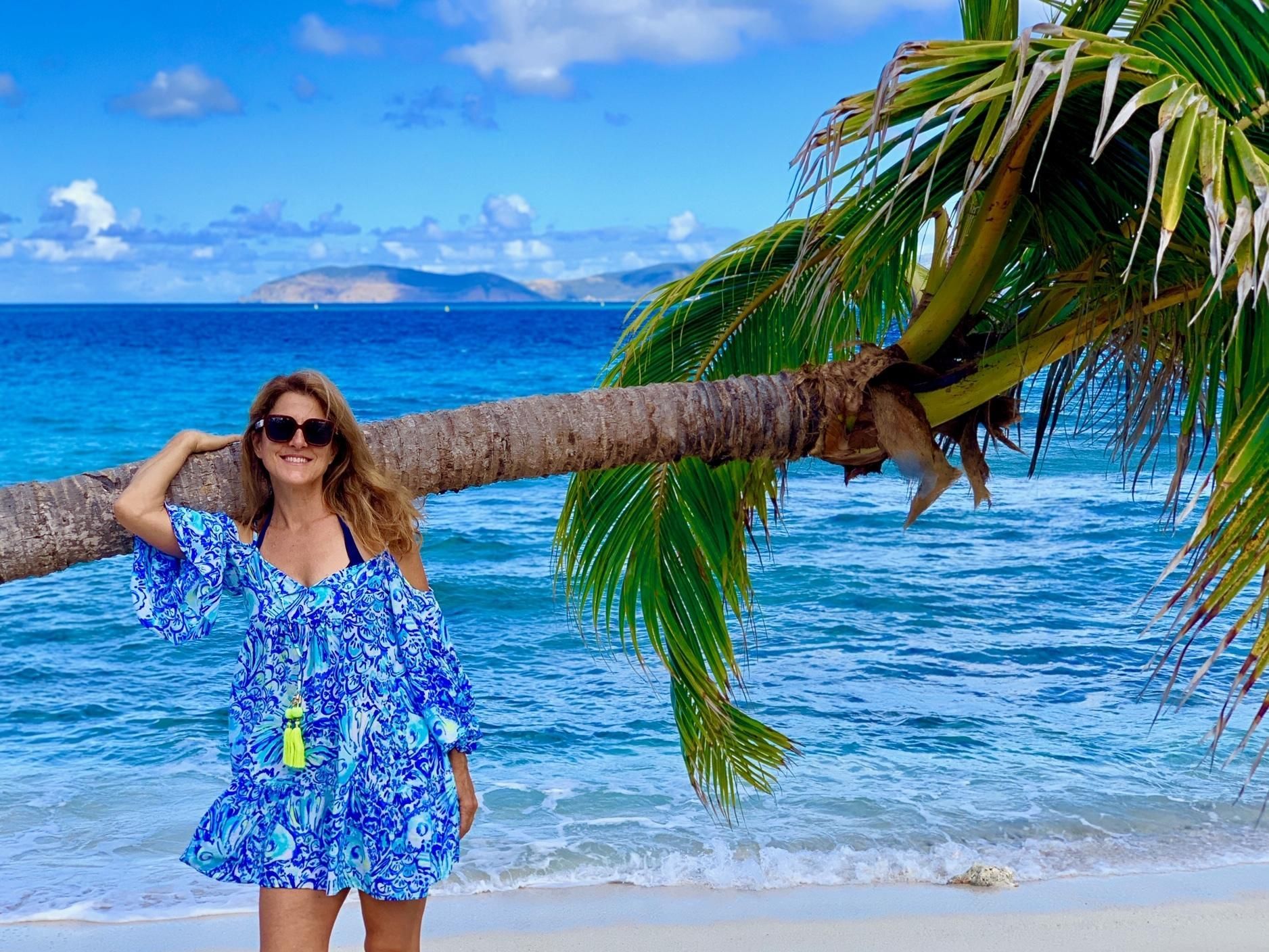 A woman in a blue dress is standing under a palm tree on a beach.