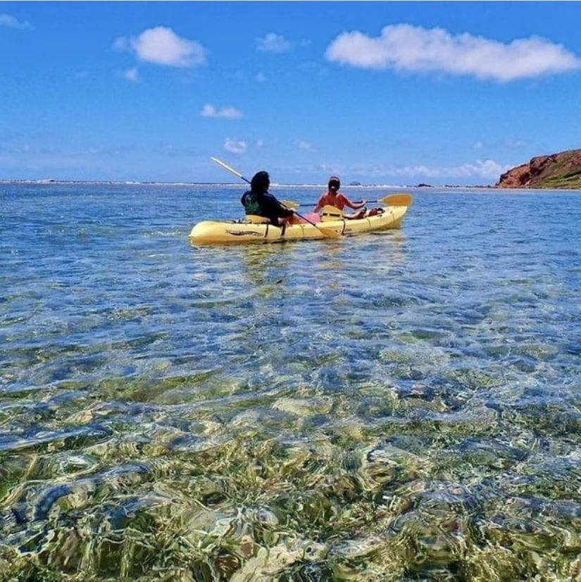 Two people in a yellow kayak in the ocean