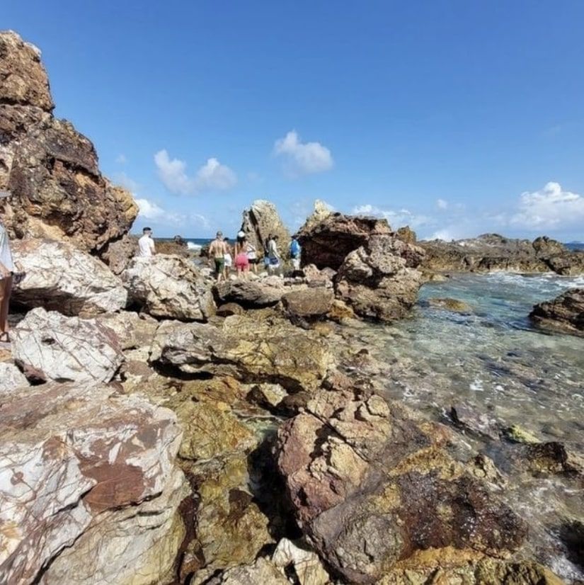 A group of people standing on a rocky beach near the ocean