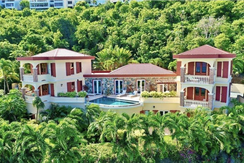 An aerial view of a large house surrounded by palm trees