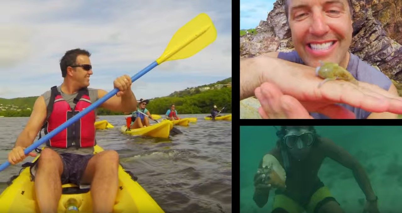 A man in a kayak is holding a yellow paddle.