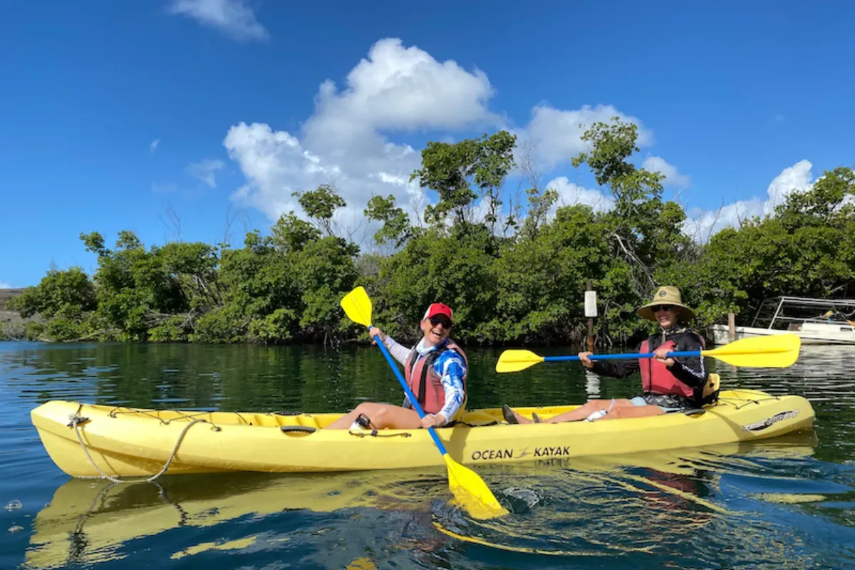 Two people are paddling a yellow kayak on a lake.