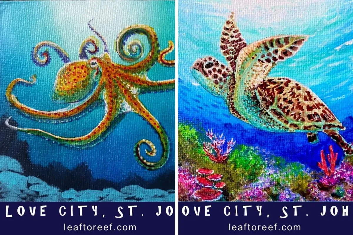 A painting of an octopus and a painting of a sea turtle