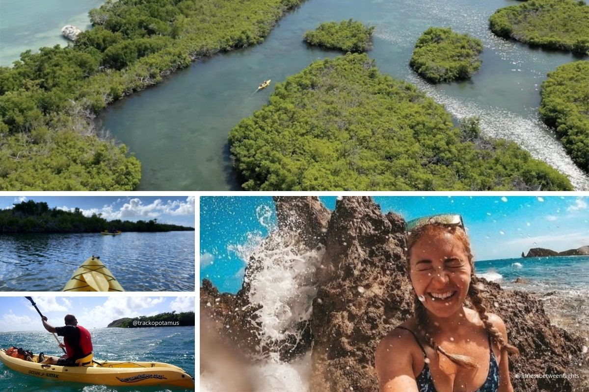 A collage of photos shows a man in a kayak and a woman taking a selfie