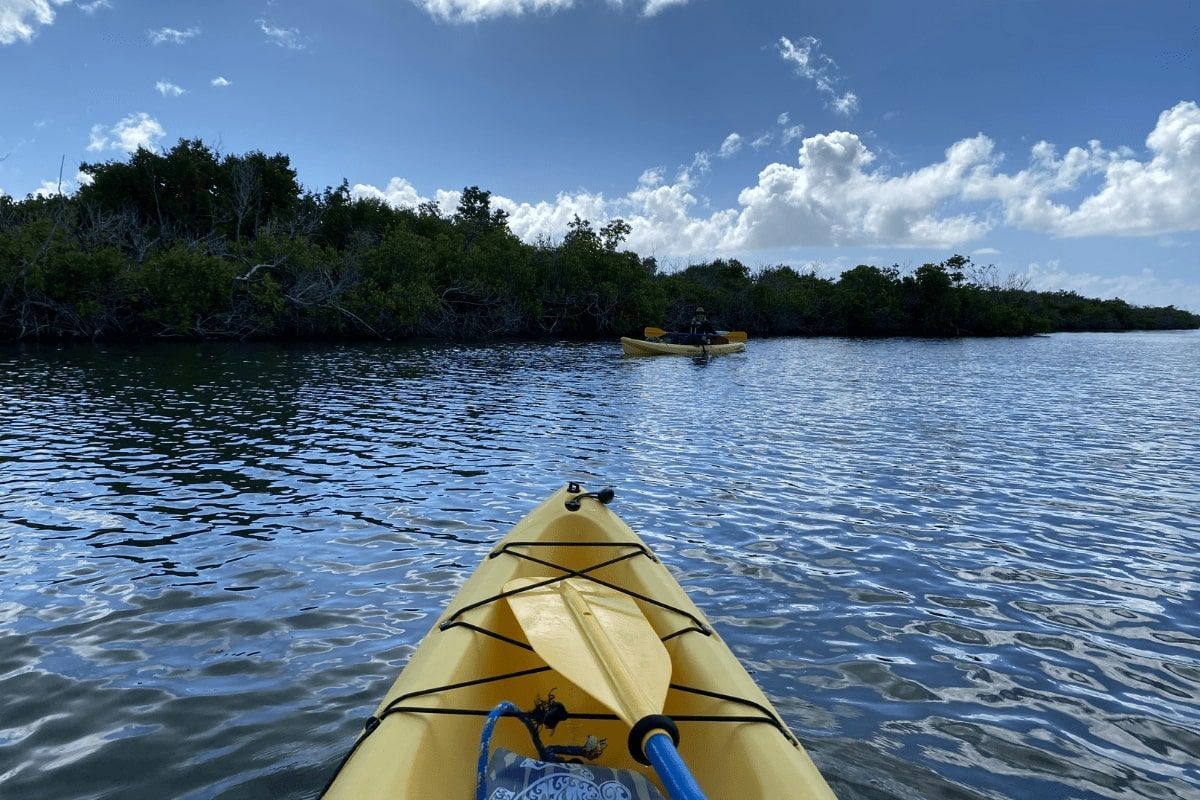 A person is paddling a yellow kayak on a lake.