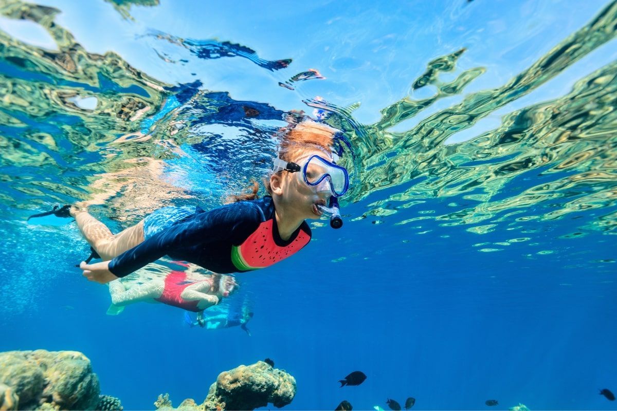 A woman is snorkeling in the ocean near a coral reef.