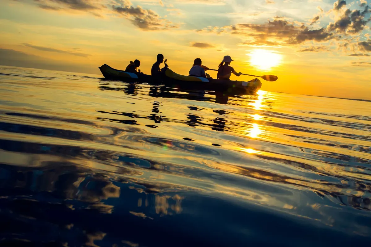 A group of people are rowing kayaks in the ocean at sunset.