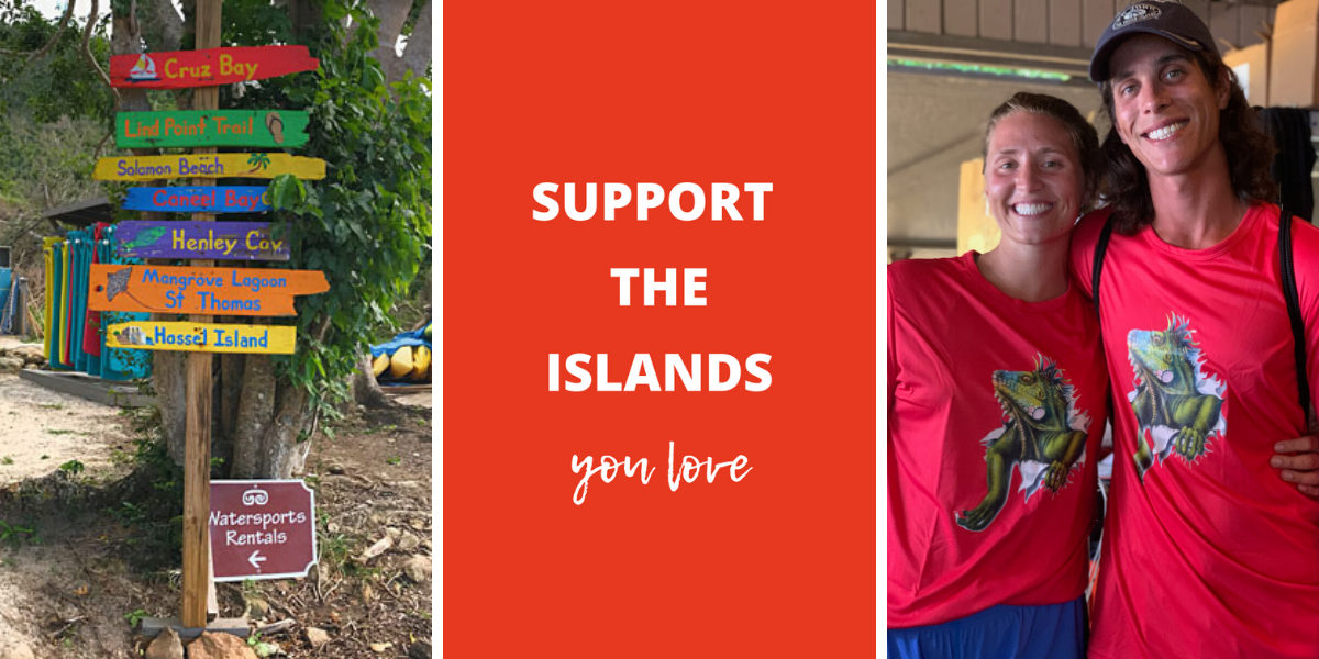 Two women are standing next to each other in front of a sign that says `` support the islands you love ''.