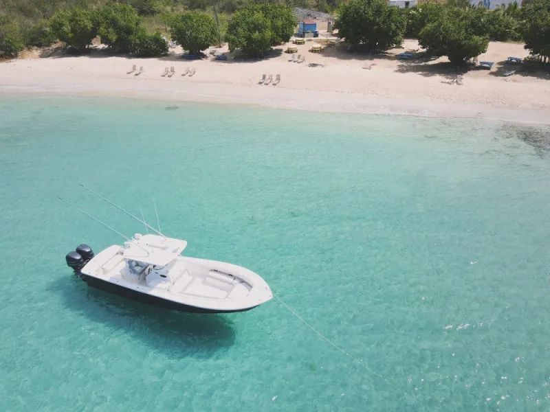 An aerial view of a boat in the water near a beach