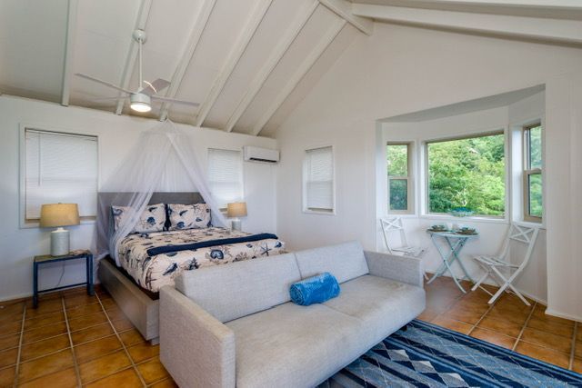 A bedroom with a canopy bed and a couch