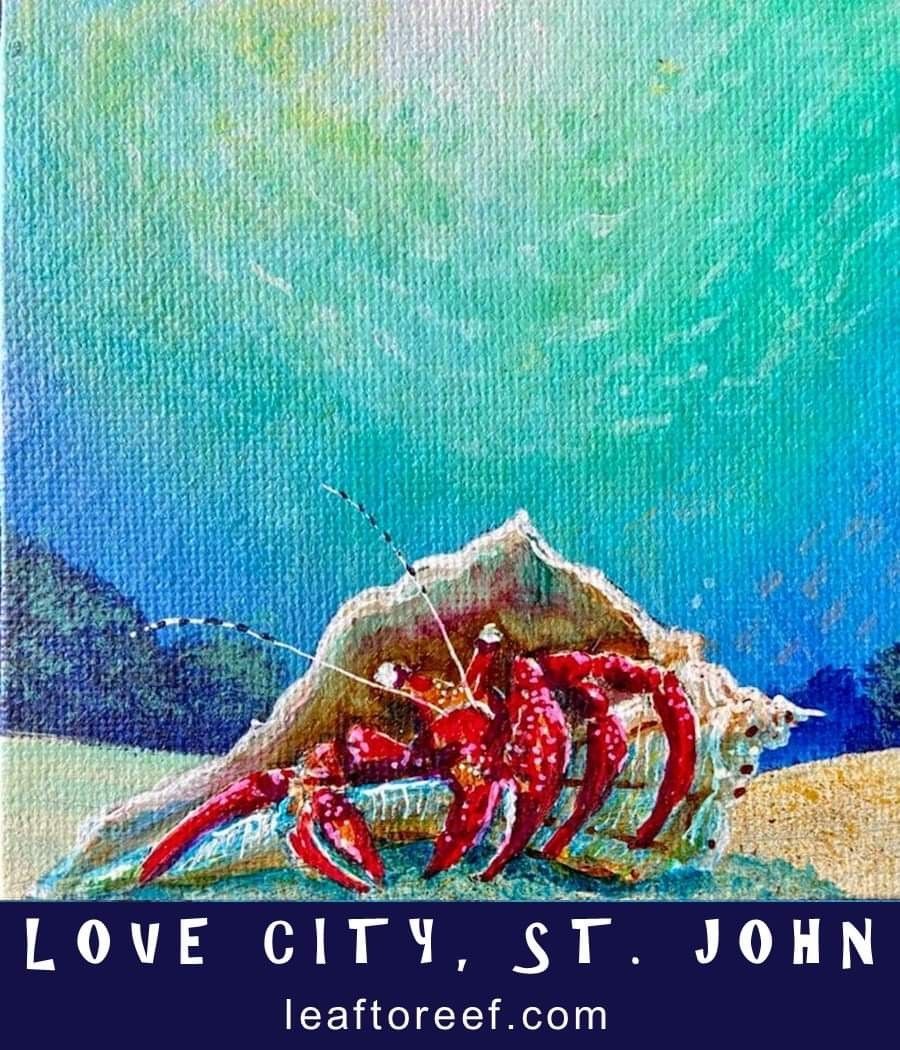 A painting of a hermit crab sitting on top of a sea shell.