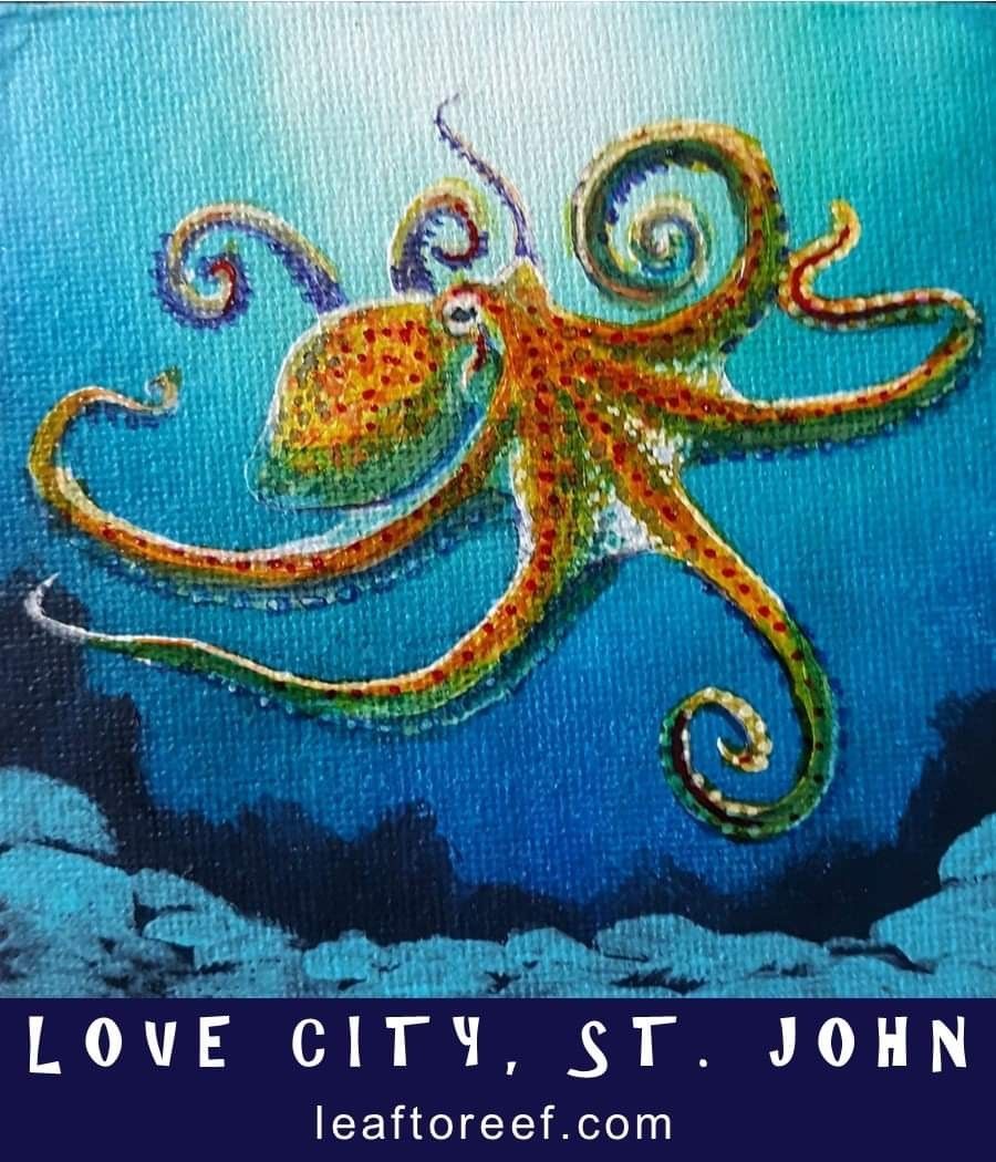 A painting of an octopus with the words love city st john on the bottom