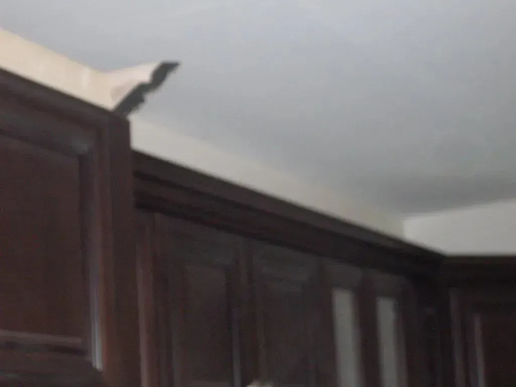 A kitchen with dark wood cabinets and a white ceiling.