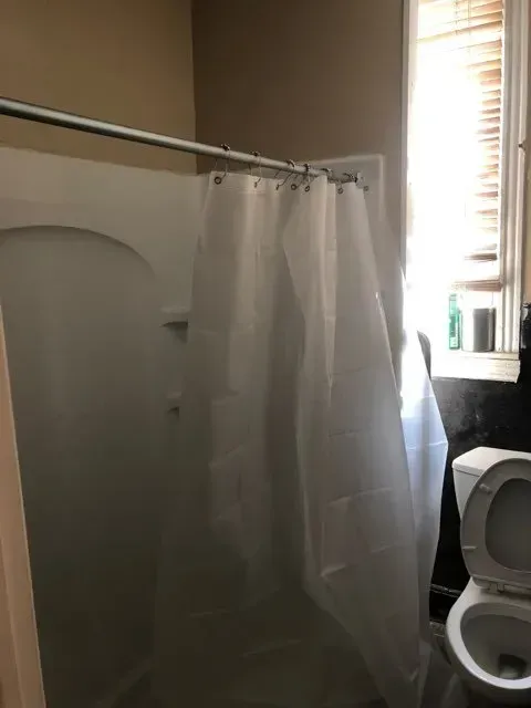 A bathroom with a shower curtain and a toilet.