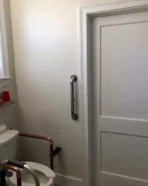 A bathroom with a toilet and a stainless steel handle on the door.