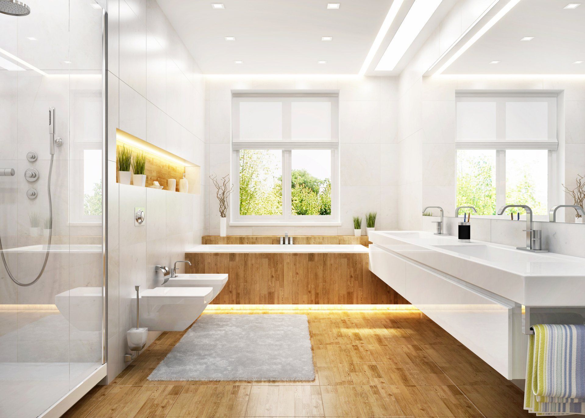 A bathroom with a bathtub , sinks , and a walk in shower.