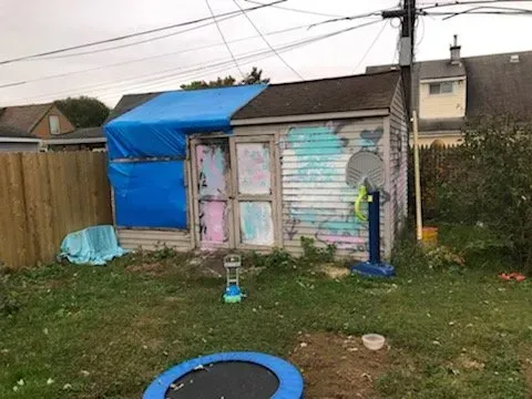 A backyard with a trampoline and a shed with graffiti on it.
