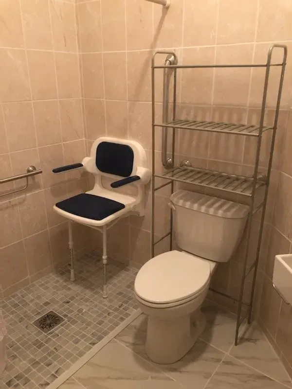 A bathroom with a toilet , shower and a chair.