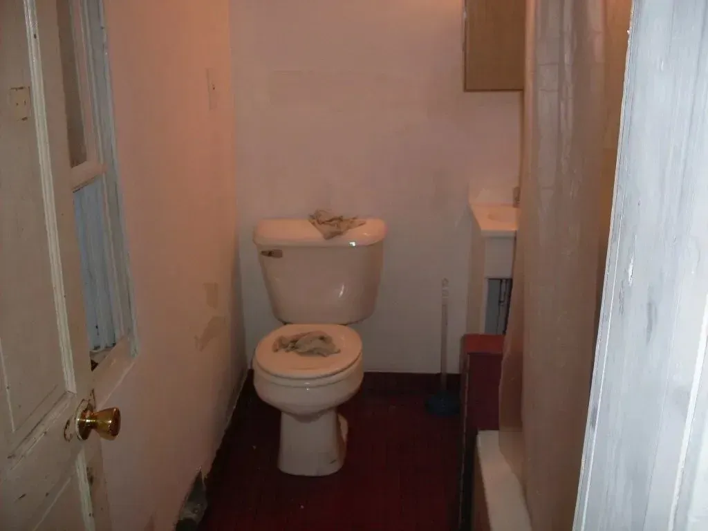 A bathroom with a toilet , sink and shower curtain.