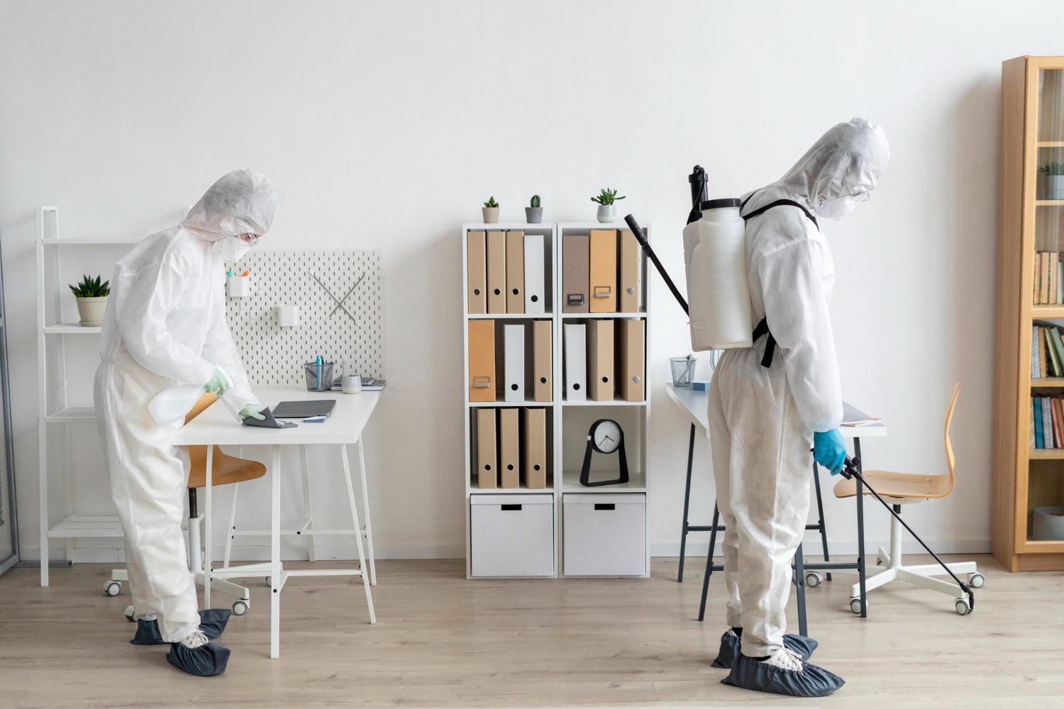 Two men in protective suits are disinfecting a room.