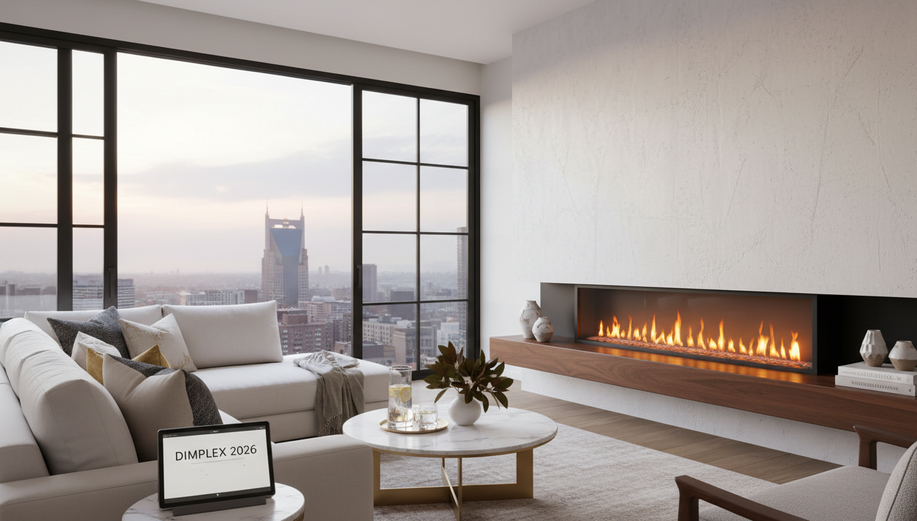 A sleek, modern Dimplex Ignite electric fireplace integrated into a minimalist living room