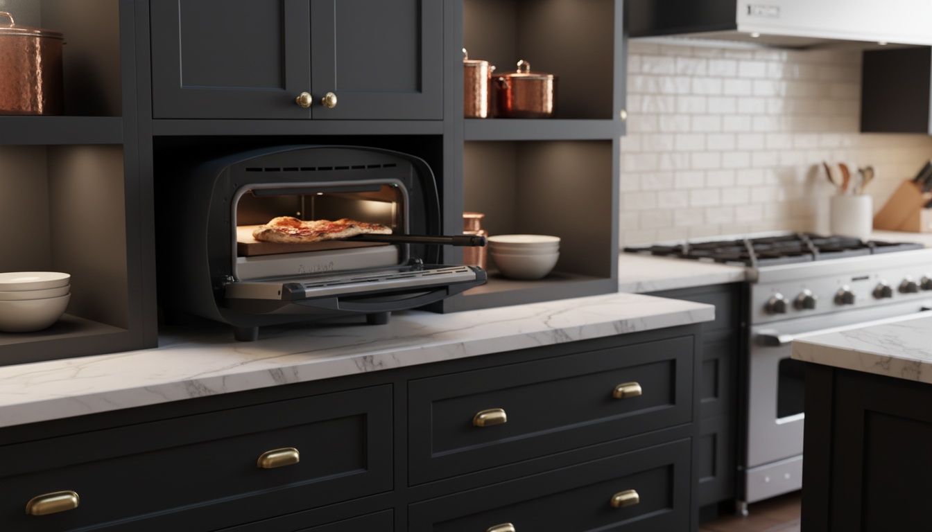 ALFA: URBE electric pizza oven in a modern kitchen with a pizza being removed