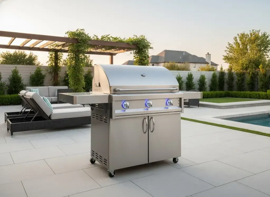 Stainless steel gas grill on a modern patio beside a pool and lounge chairs at sunset