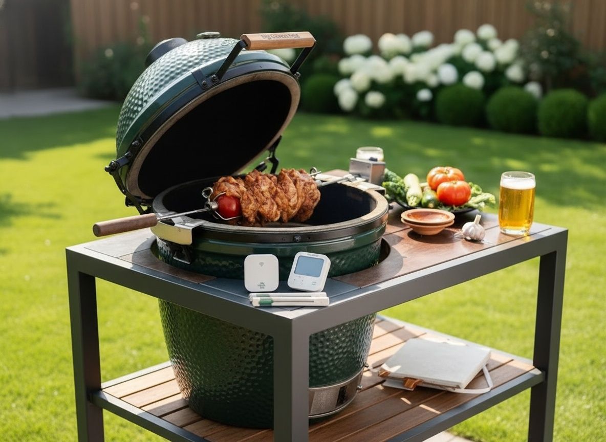 Big Green Egg Rotisserie 2.0 cooking a chicken