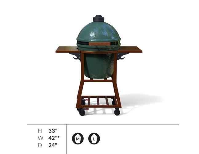 A green grill with a wooden stand and wheels