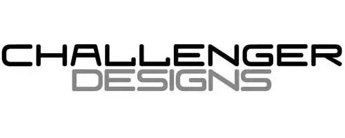A black and white logo for challenger designs on a white background.