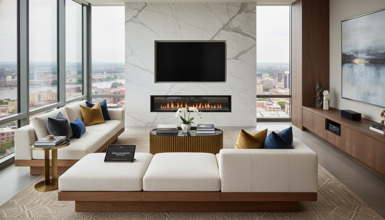 Modern living room with Empire Plaza Series fireplace and a television mounted above