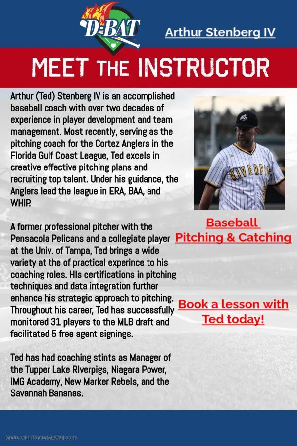 An advertisement for an instructor for baseball pitching and catching.