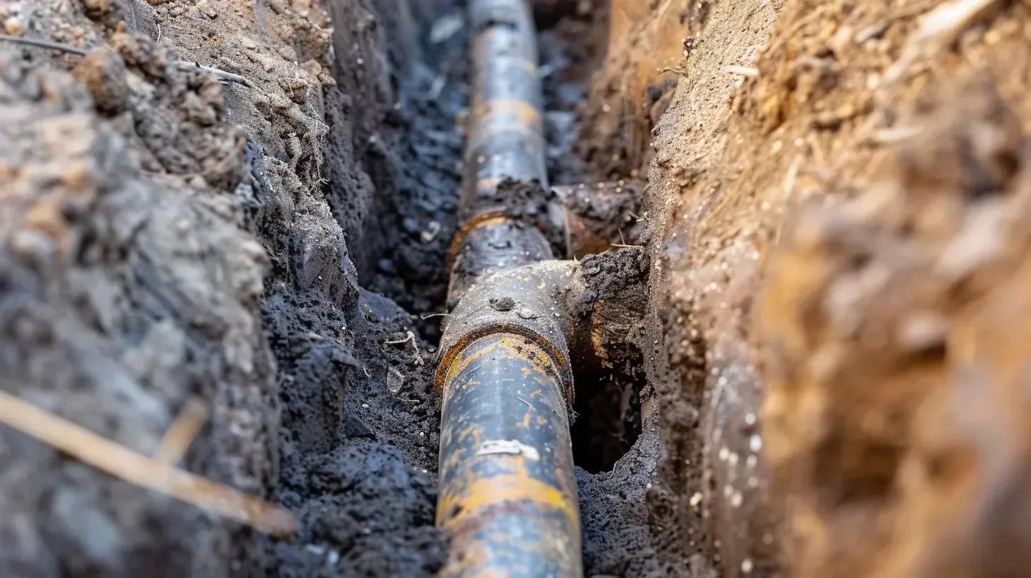 A dark, metallic pipe with a T-junction connector lies inside a narrow trench carved into damp, brown earth.
