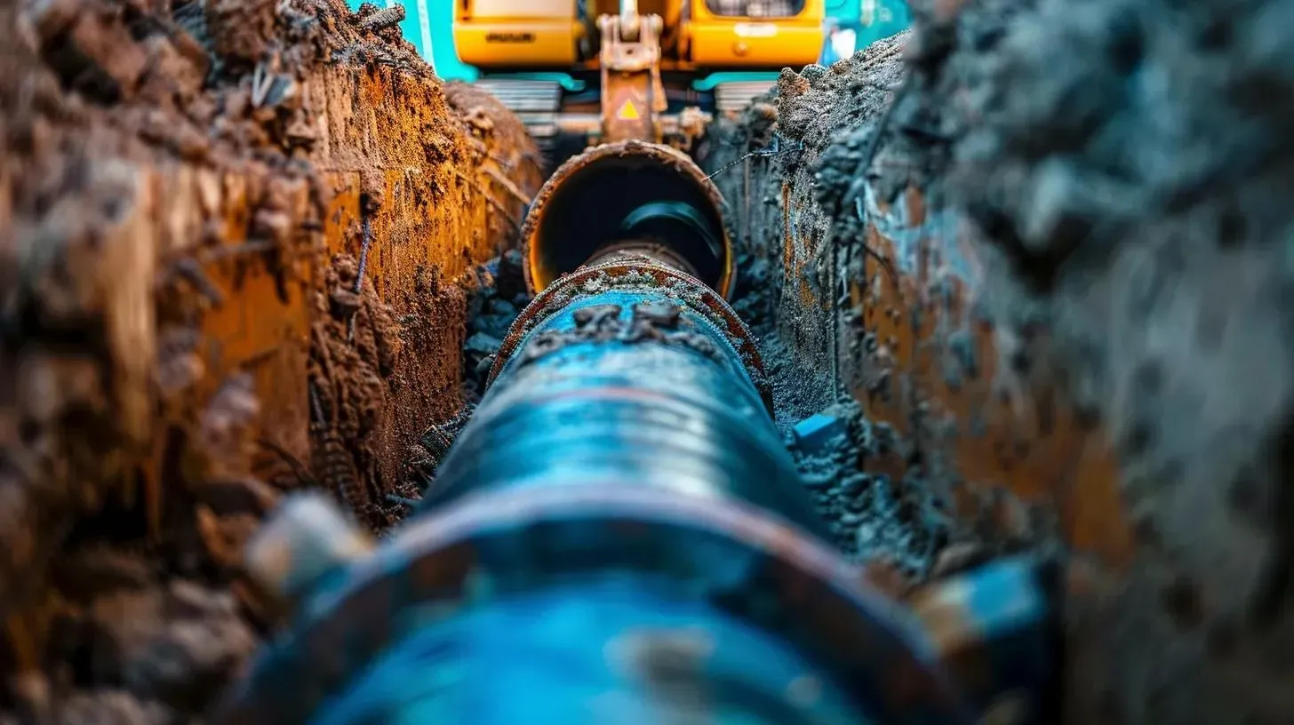 A large, dark pipe is being laid inside a narrow, muddy trench at a construction site with a yellow machine above.
