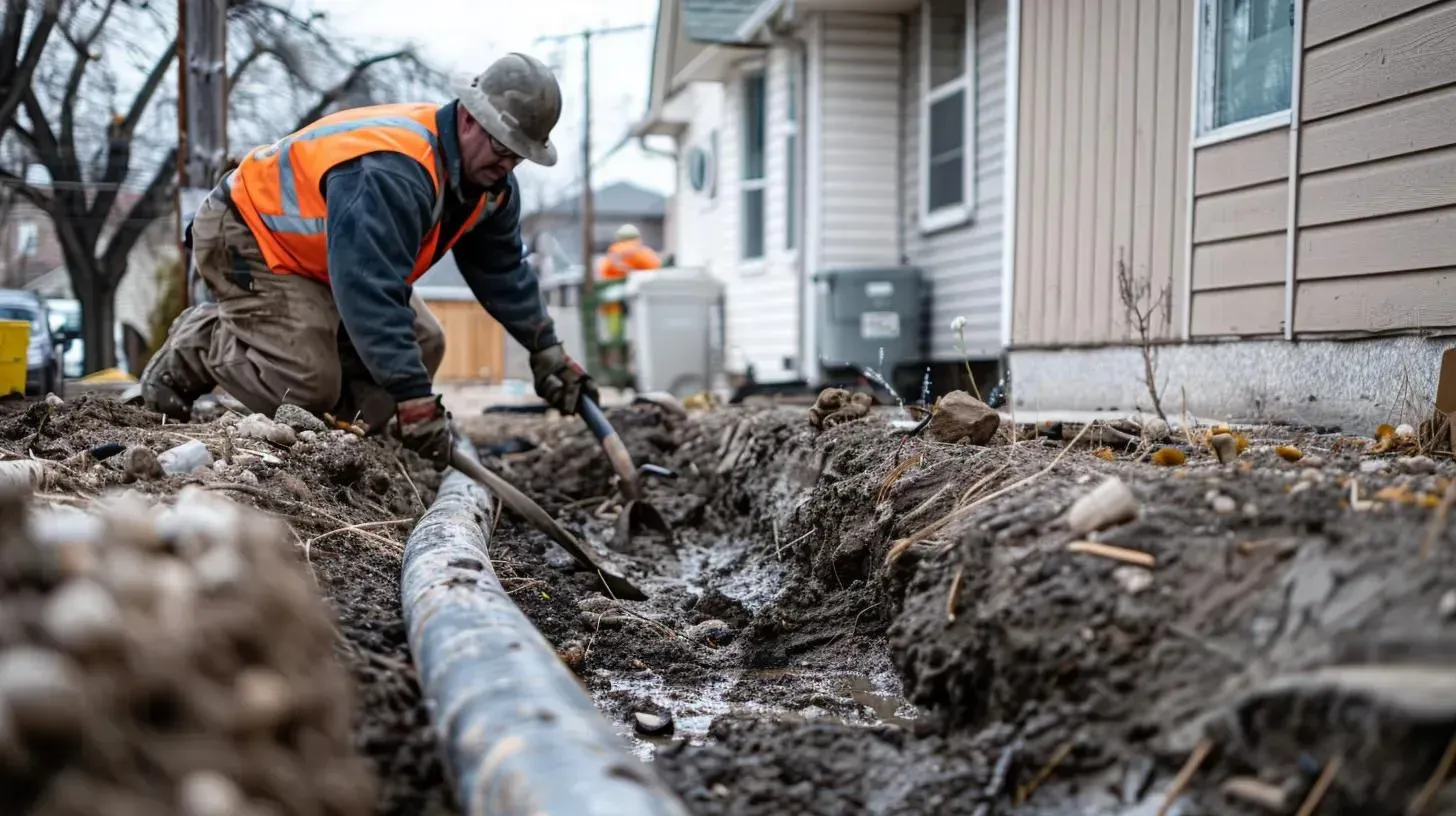 A worker in a high-visibility orange vest kneels in a muddy residential trench, digging near an exposed utility pipe.