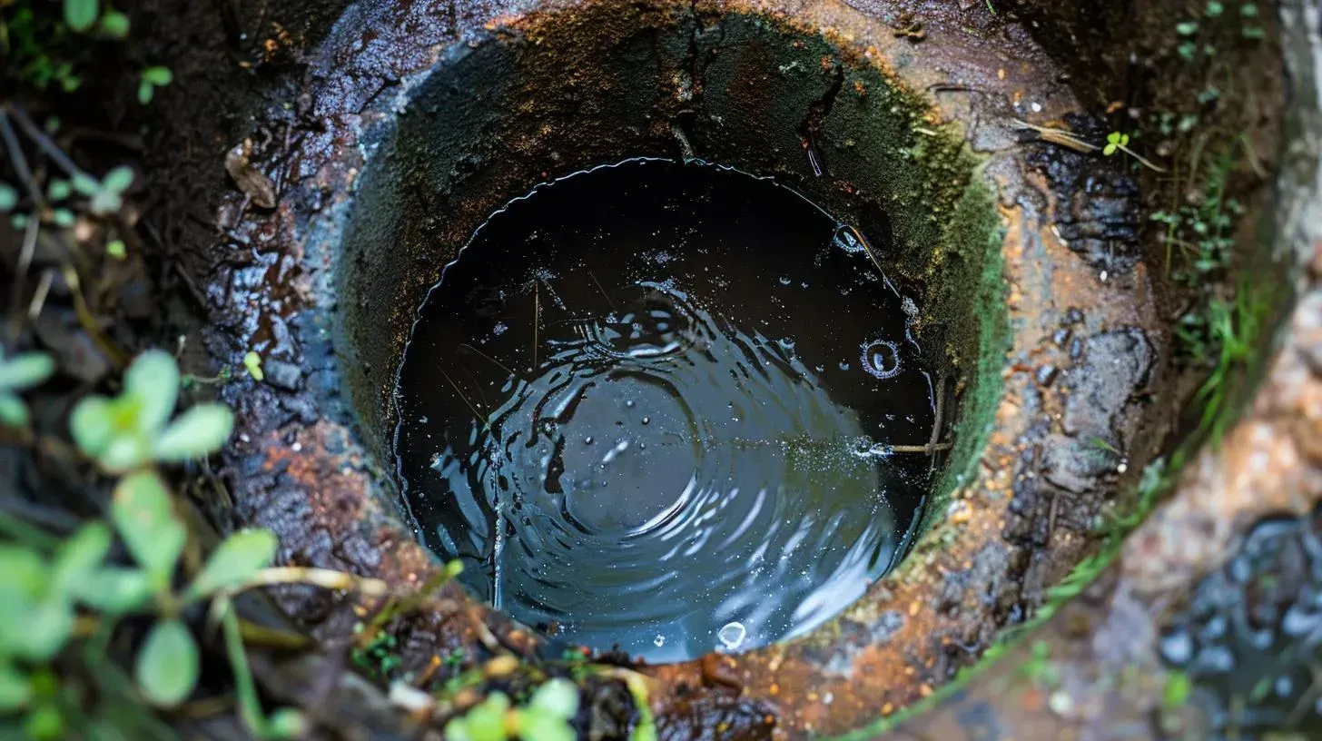 A close-up view looking down into a circular, rusted drain filled with dark, rippling water and surrounded by greenery.