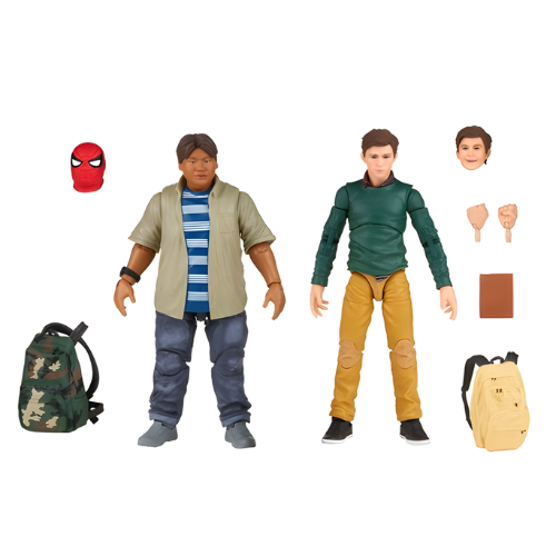 Two action figures of characters from Spider-Man, with accessories like masks, backpacks, and extra hands.