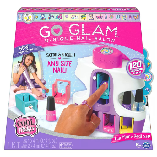 Go Glam U-Nique Nail Salon kit. White and pink nail stamper with nail polish bottles and a girl using it.