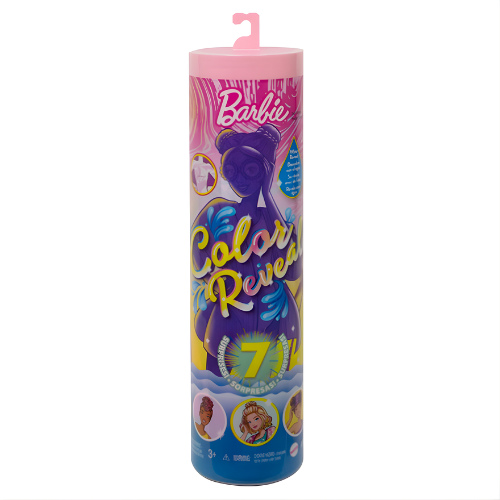 Barbie Color Reveal doll in a cylindrical package with pink and blue details, a hook on top.